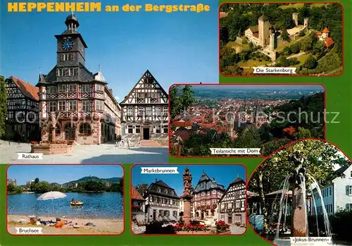 AK / Ansichtskarte Heppenheim_Bergstrasse Rathaus Marktbrunnen Jokus Brunnen Bruchsee Badestrand Starkenburg Fliegeraufnahme Heppenheim_Bergstrasse