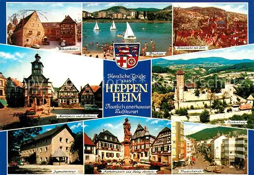 AK / Ansichtskarte Heppenheim_Bergstrasse Winzerkeller Marktplatz Rathaus Jugendherberge Marktbrunnen Altstadt Fachwerkhaeuser Friedrichstrasse Stadtbild mit Dom Starkenburg Bruchsee Badestrand Heppenheim_Bergstrasse