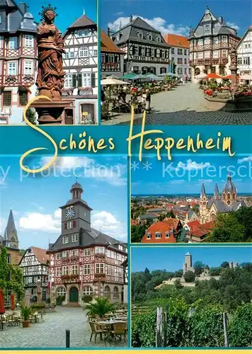 AK / Ansichtskarte Heppenheim_Bergstrasse Brunnenfigur Marktplatz Altstadt Fachwerkhaeuser Rathaus Stadtbild mit Dom Starkenburg Heppenheim_Bergstrasse