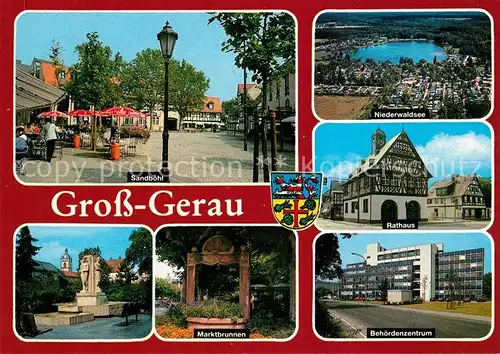 AK / Ansichtskarte Gross Gerau Sandboehl Strassencafe Rathaus Fachwerkhaus Brunnen Behoerdenzentrum Denkmal Niederwaldsee Fliegeraufnahme Gross Gerau