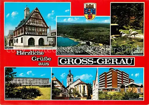 AK / Ansichtskarte Gross Gerau Historisches Rathaus Krankenhaus Kirche Altenwohnheim Fasanerie Niederwaldsee Fliegeraufnahme Gross Gerau