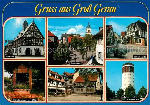 AK / Ansichtskarte Gross Gerau Rathaus Sandboehl Schulstrasse Wasserturm Marktplatz Brunnen 16. Jhdt. Gross Gerau