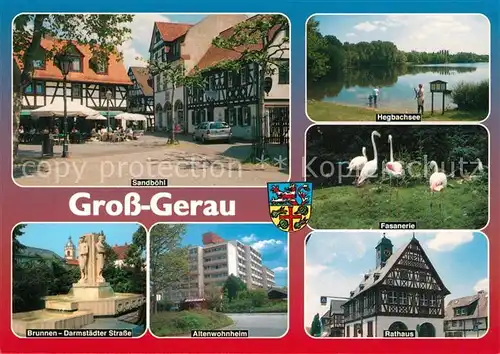 AK / Ansichtskarte Gross Gerau Sandboehl Brunnen Altenwohnheim Rathaus Fachwerk Fasanerie Hegbachsee Gross Gerau