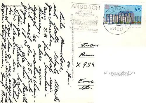 AK / Ansichtskarte Ansbach_Mittelfranken Schloss Eingang Markgraf Georg Brunnen Hofgarten Fontaene Orangerie Herrieder Tor Alter Hof Ansbach Mittelfranken