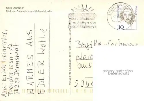AK / Ansichtskarte Ansbach_Mittelfranken Gumbertuskirche Johanniskirche Ansbach Mittelfranken