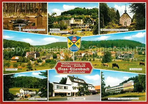 AK / Ansichtskarte Grasellenbach Siegfriedbrunnen Hotel Teilansichten Walburgiskapelle Kurort im Odenwald Grasellenbach