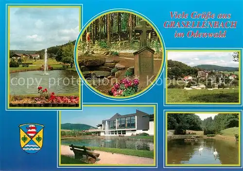 AK / Ansichtskarte Grasellenbach Teilansichten Kneippkurort Odenwald Kuranlage Gedenkstein Kreuz Nibelungenhalle Schwanenteich Grasellenbach