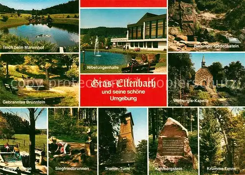 AK / Ansichtskarte Grasellenbach Teich Brunnen Kneippanlage Siegfriedbrunnen Turm Kahlbergstein Krumme Tanne Walburgiskapelle Gedenkstein Nibelungenhalle Grasellenbach