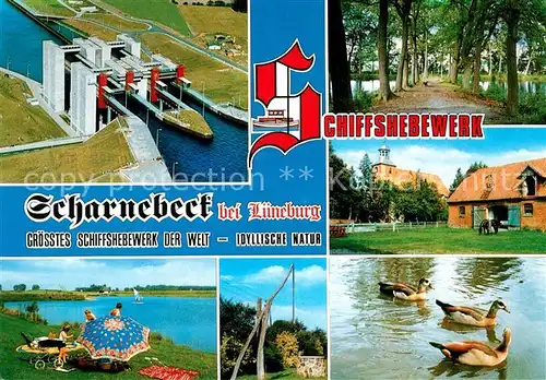 AK / Ansichtskarte Scharnebeck_Lueneburg Schiffshebewerk Fliegeraufnahme Bauernhof Kirche Enten Alter Brunnen Badestrand Scharnebeck Lueneburg