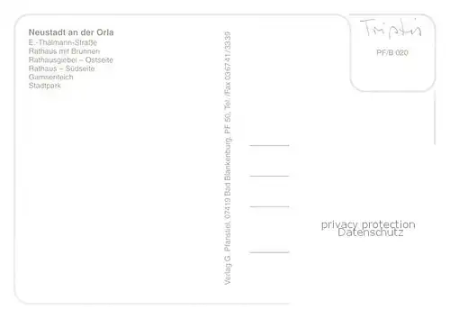 AK / Ansichtskarte Neustadt_Orla Erich Thaelmann Strasse Rathaus Brunnen Rathausgiebel Stadtpark Neustadt_Orla