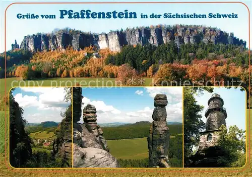 AK / Ansichtskarte Pfaffenstein_Koenigstein_Saechsische_Schweiz Blicj durch das Nadeloehr Barbarine Aussichtsturm Pfaffenstein_Koenigstein