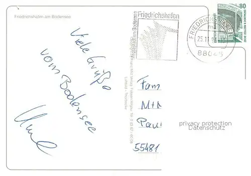 AK / Ansichtskarte Friedrichshafen_Bodensee Fliegeraufnahme Schlosskirche Graf Zeppelin Haus Friedrichshafen Bodensee