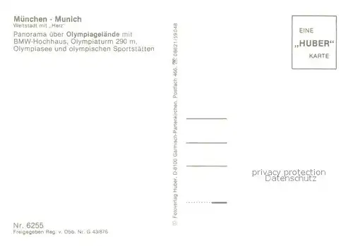 AK / Ansichtskarte Muenchen Olympiagelaende BMW Hochhaus Olympiaturm See Sportstaetten Fliegeraufnahme Huber Karte Nr 6255 Muenchen