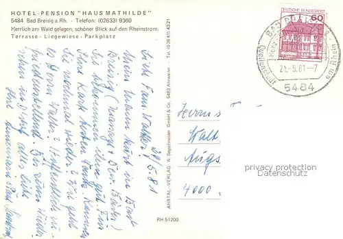 AK / Ansichtskarte Bad_Breisig Hotel Pension Haus Mathilde Gartenterrasse Bad_Breisig