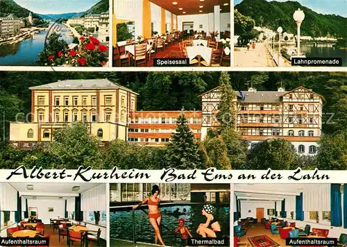 AK / Ansichtskarte Bad_Ems Albert Kurheim Lahnpromenade Thermalbad Speisesaal Aufenthaltsraum Bad_Ems