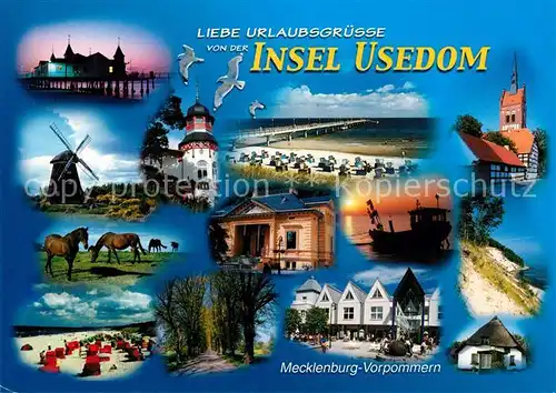 AK / Ansichtskarte Insel_Usedom Windmuehle Seebruecke Pferde Strand Kirche  Insel Usedom