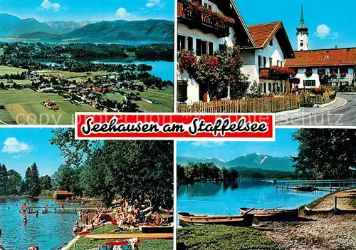 AK / Ansichtskarte Seehausen_Staffelsee Strand Bootsanlegestelle Kirche Panorama Seehausen_Staffelsee
