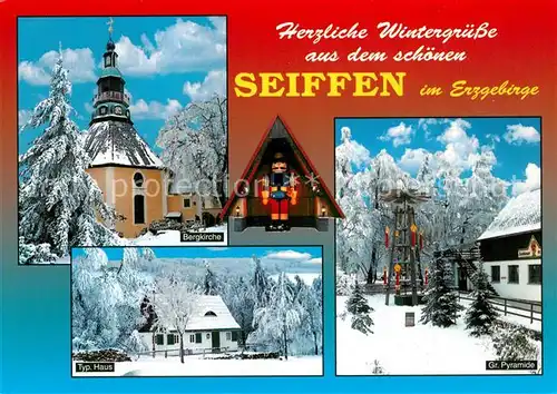 AK / Ansichtskarte Seiffen_Erzgebirge Bergkirche typisches Haus Grosse Pyramide Nussknacker Winter Seiffen Erzgebirge