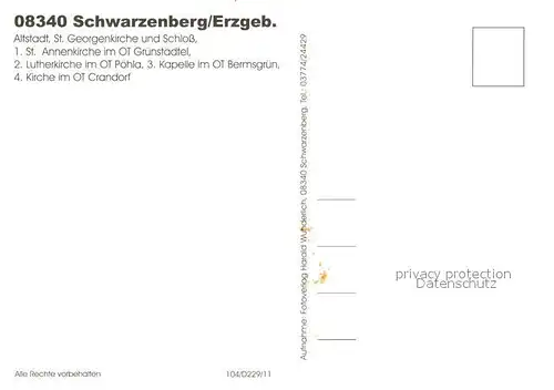 AK / Ansichtskarte Schwarzenberg_Erzgebirge Sankt Annenkirche Gruenstaedtel Lutherkirche Poehla Kapelle Bermsgruen Schwarzenberg Erzgebirge
