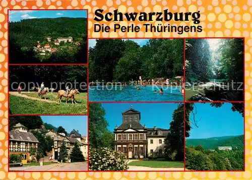 AK / Ansichtskarte Schwarzburg_Thueringer_Wald Schwimmbad Schloss Reitergruppe Ortsansichten Schwarzburg_Thueringer