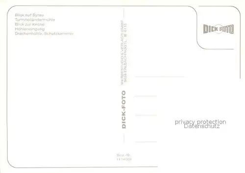 AK / Ansichtskarte Syrau_Vogtland Panorama Turmhollaendermuehle Kirche Hoehleneingang Drachenhoehle Syrau_Vogtland