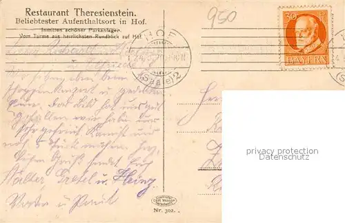 AK / Ansichtskarte Hof_Saale Restaurant Theresienstein Hof_Saale