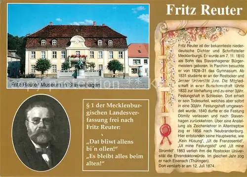AK / Ansichtskarte Persoenlichkeiten Fritz Reuter Museum Stavenhagen  Persoenlichkeiten