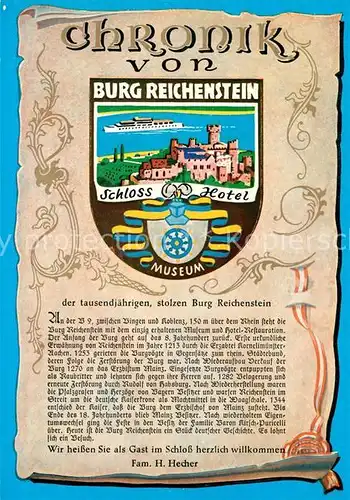 AK / Ansichtskarte Trechtingshausen Burg Reichenstein Schloss Hotel Museum Chronik Trechtingshausen