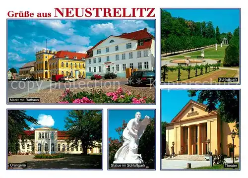 AK / Ansichtskarte Neustrelitz Markt Rathaus Schlosspark Orangerie Statue Theater Neustrelitz