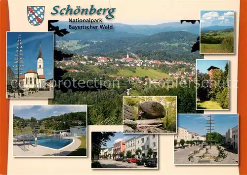 AK / Ansichtskarte Schoenberg_Bayerischer_Wald Fliegeraufnahme Kirche Maibaum Freibad Steine Schoenberg_Bayerischer