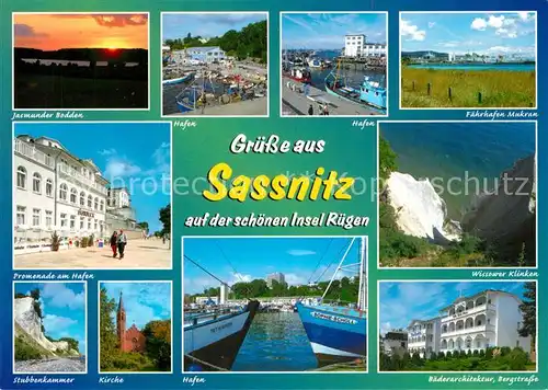 AK / Ansichtskarte Sassnitz_Ostseebad_Ruegen Jasmunder Bodden Hafen Mukran Wissower Klinken Stubbenkammer Bergstrasse Baederarchitekturm Sassnitz_Ostseebad_Ruegen