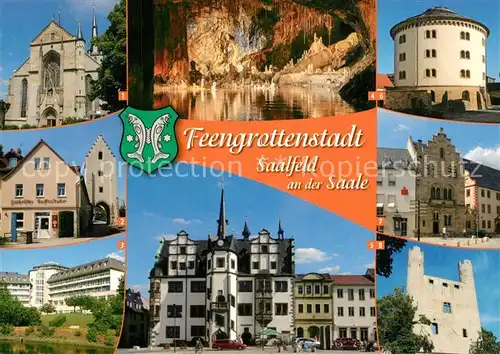 AK / Ansichtskarte Saalfeld_Saale Feengrottenstadt Saaltor Klinik Bergfried Amtsgefaengnis heute Stadtarchiv Burgruine Hoher Schwarm Saalfeld_Saale