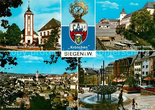 AK / Ansichtskarte Siegen_Westfalen Nikolaikirche Rathaus Schloss Marktplatz Oberstadt Wappen Siegen_Westfalen