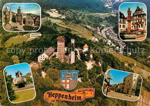 AK / Ansichtskarte Heppenheim_Bergstrasse Altstadt Brunnen Fussgaengerzone Starkenburg Fliegeraufnahme Wappen Heppenheim_Bergstrasse