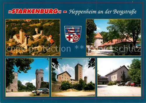 AK / Ansichtskarte Heppenheim_Bergstrasse Starkenburg Berggaststaette Fliegeraufnahme Wappen Heppenheim_Bergstrasse