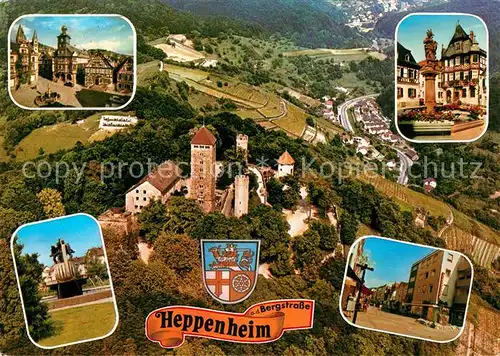 AK / Ansichtskarte Heppenheim_Bergstrasse Altstadt Brunnen Fussgaengerzone Starkenburg Fliegeraufnahme Wappen Heppenheim_Bergstrasse