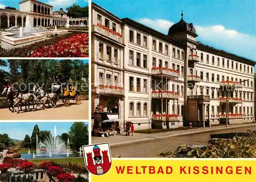 AK / Ansichtskarte Bad_Kissingen A.W. Heim Viktoria Kurhotel Park Fontaene Postkutsche Vierspaenner Wappen Bad_Kissingen