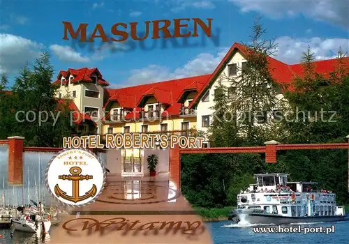 AK / Ansichtskarte Mikolajki Hotel Roberts Port Masuren Fahrgastschiff Mikolajki