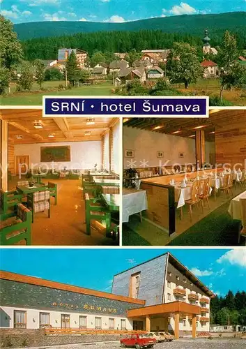 AK / Ansichtskarte Srni Hotel Sumava Restaurant Ortsmotiv mit Kirche Srni