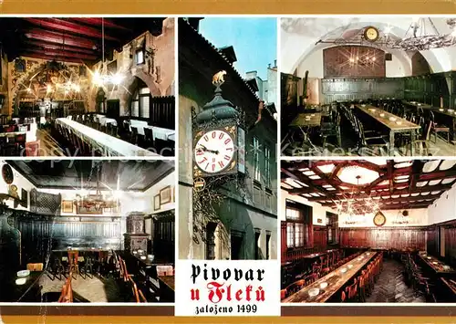 AK / Ansichtskarte Praha_Prahy_Prague Pivovar U Fleku Brauerei Gaststaette Festsaal Tuerschild Uhr Praha_Prahy_Prague