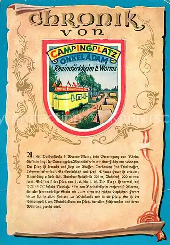 AK / Ansichtskarte Rheinduerkheim Camping Onkel Adam Chronik Wappen Siegel Rheinduerkheim