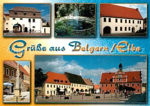 AK / Ansichtskarte Belgern_Elbe Oschatzer Tor Brunnen am D?hner Museum Bibliothek Markt Rathaus Belgern Elbe