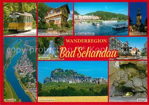 AK / Ansichtskarte Bad_Schandau Kirnitzschtalbahn Villa Ostrauer Scheibe Johanneskirche Kuhstall Bad_Schandau