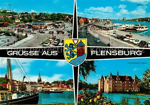 AK / Ansichtskarte Flensburg Am Zob Foerdebruecke Bootsanleger Hafen Fischkutter Gluecksburger Schloss Wappen Flensburg