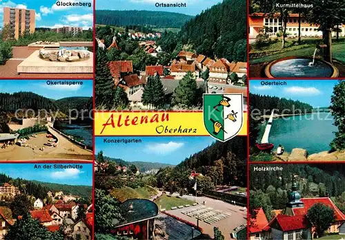 AK / Ansichtskarte Altenau_Harz Ortsansicht Kurmittelhaus Holzkirche Konzertgarten Glockenberg Oderteich Okertalsperre Silberhuette Wappen Altenau Harz