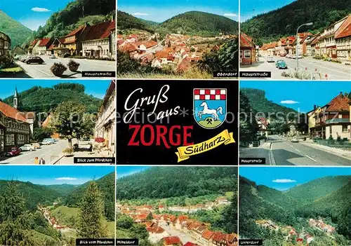 AK / Ansichtskarte Zorge Hauptstrasse Panorama Oberdorf Unterdorf Mitteldorf Blick vom Pferdchen Wappen Zorge