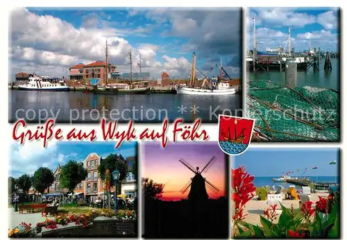 AK / Ansichtskarte Wyk_Foehr Hafen Fischkutter Promenade Windmuehle Strand Seebruecke Wappen Foehr