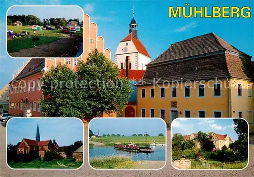 AK / Ansichtskarte Muehlberg_Elbe Rathaus Frauenkirche am Rossmarkt Camping Elbfaehre Schloss Muehlberg Elbe