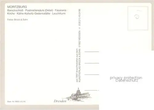 AK / Ansichtskarte Moritzburg_Sachsen Barockschloss Postmeilensaeule Fasanerie Kirche Leuchtturm Kaethe Kollwitz Gedenkstaette Moritzburg Sachsen