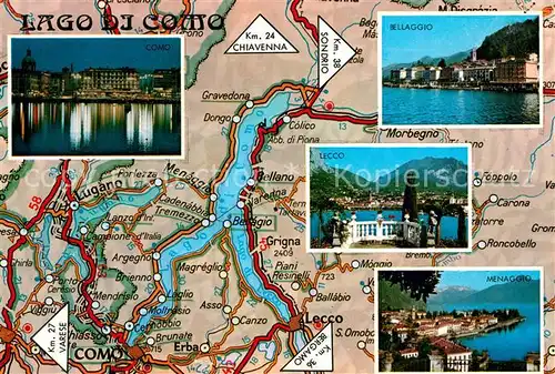 AK / Ansichtskarte Lago_di_Como Como Bellaggio Lecco Menaggio Staedte am Comersee Landkarte Lago_di_Como